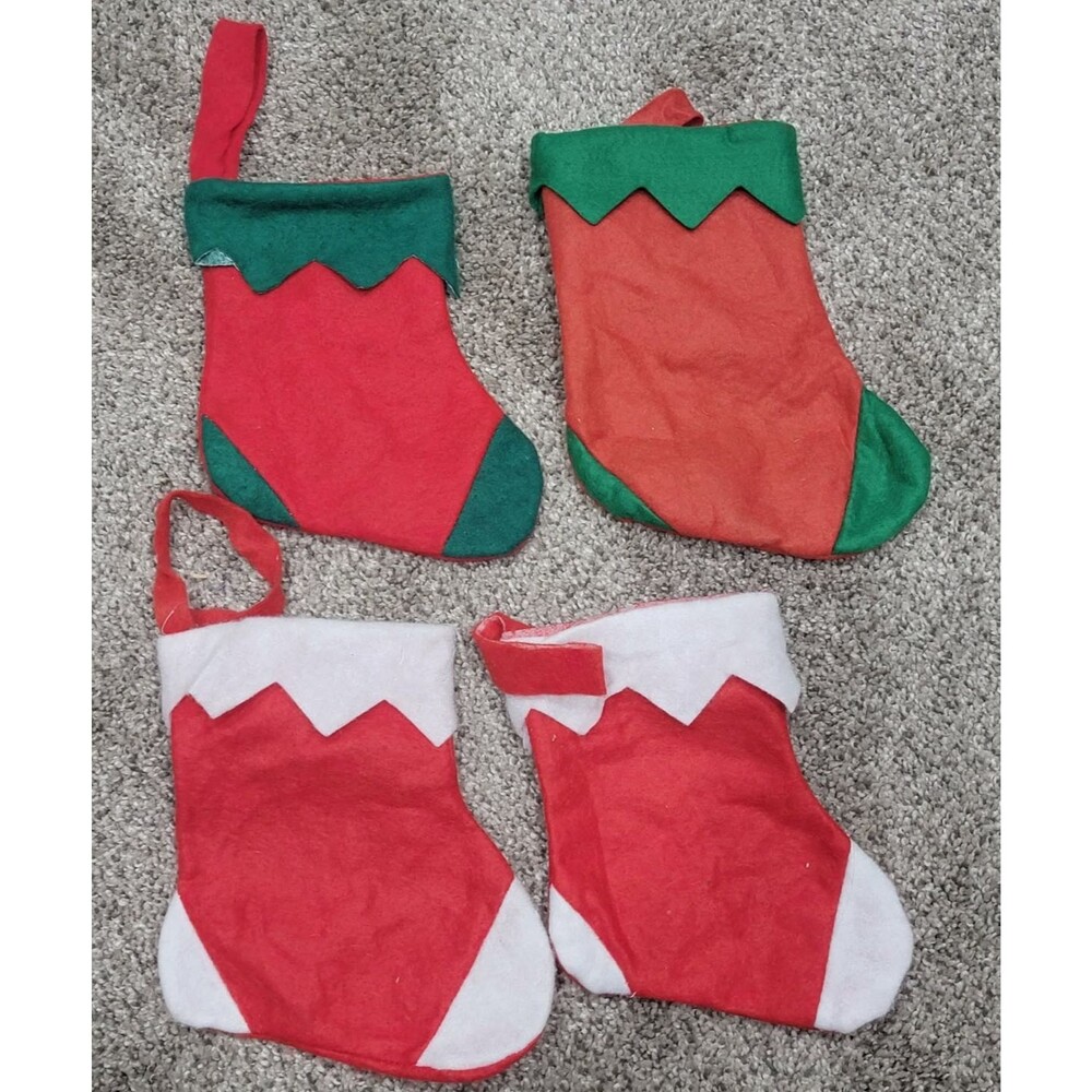 4 Vintage Handmade Old Fashioned Felt Christmas Stockings Small 7 in - Baby Kids